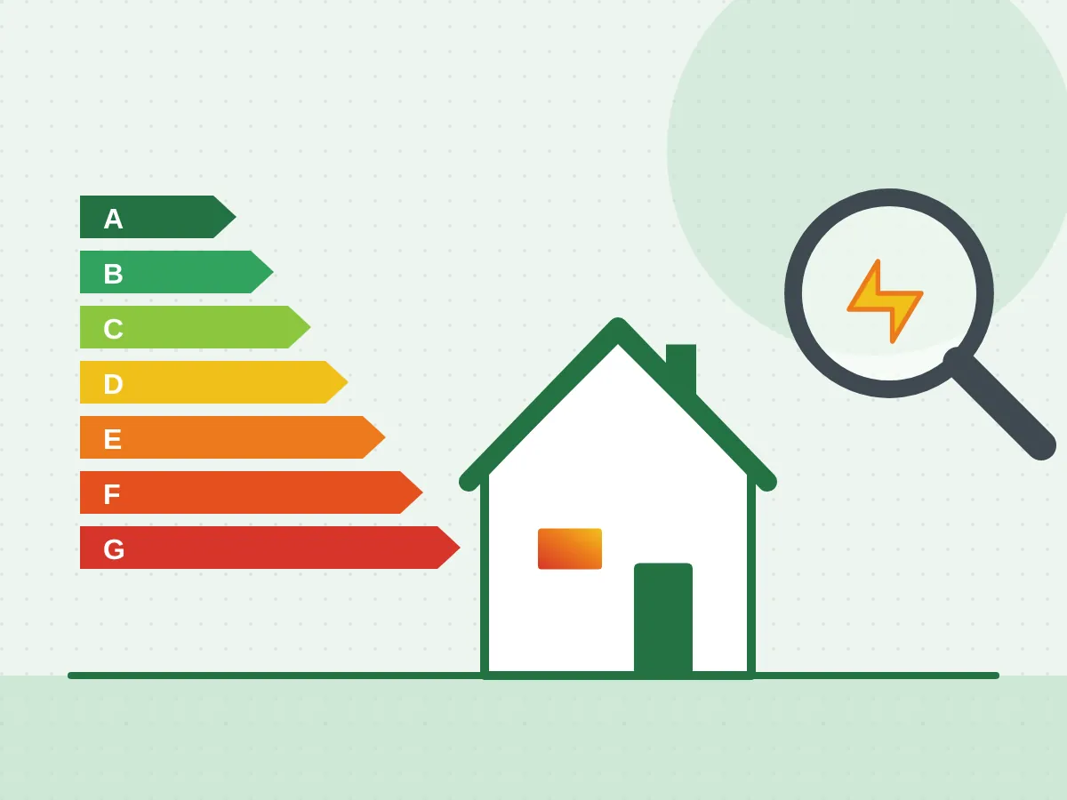 Illustration: Energieeffizienzklassen A bis G, Haus und Lupe